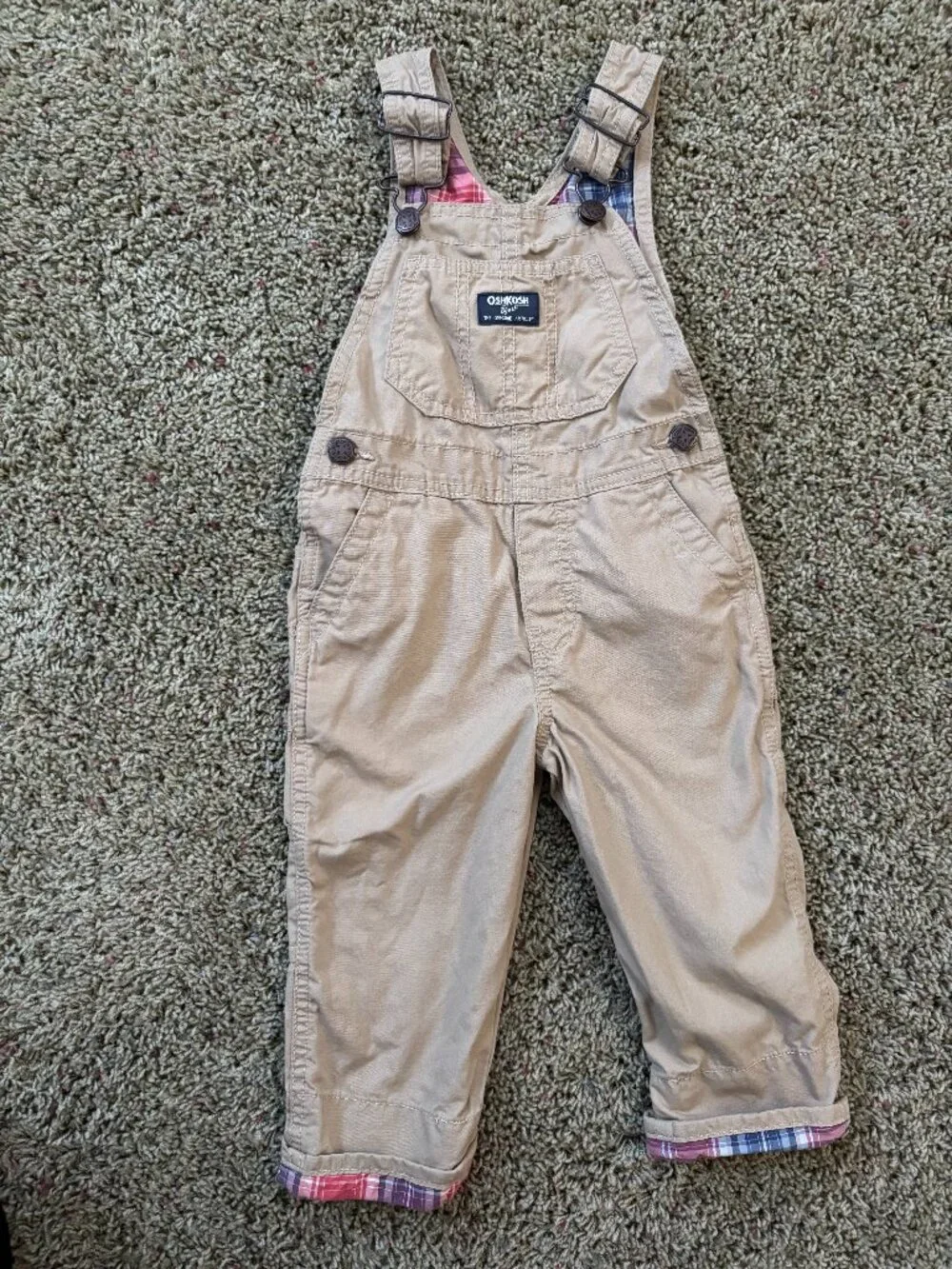 OshKosh B'gosh Baby Toddler Lightweight Plaid-Lined Khaki Canvas Overalls - 2T